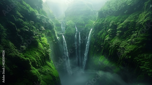 Enchanted green jungle canyon  waterfall  sky view. Generative AI.