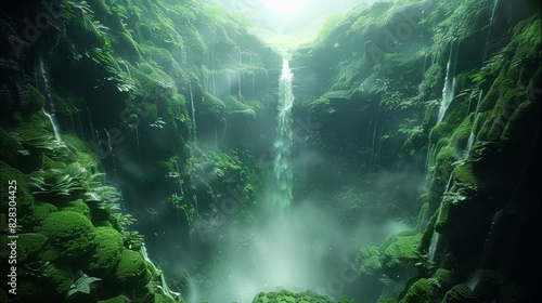 Enchanted green jungle canyon, waterfall, sky view. Generative AI.