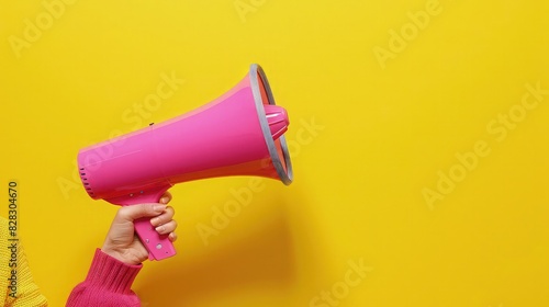 pink megaphone isolated on yellow background with copy space 