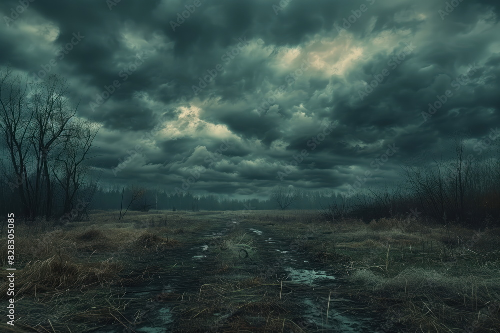 Dark clouds loom over an abandoned field, casting eerie shadows on the landscape. Dark clouds loom over an abandoned field, casting eerie shadows on the landscape.