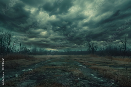 Dark clouds loom over an abandoned field, casting eerie shadows on the landscape. photo