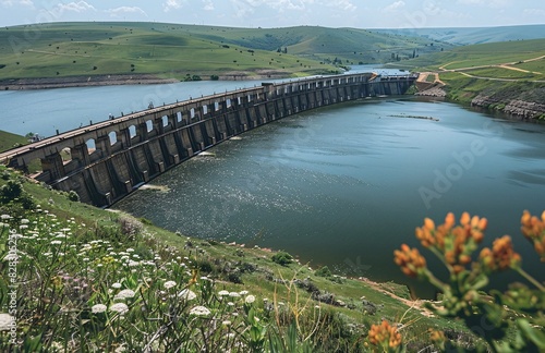 Wallpaper Mural The image depicts a scenic riverside with a large dam or lock system. Torontodigital.ca