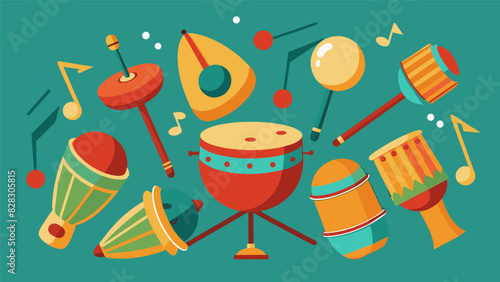 A variety of percussion instruments such as drums and rattles create a sense of movement and flow helping individuals release stagnant energy and emotions.. Vector illustration