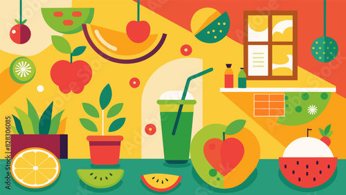 Vibrant fruit and vegetable prints adorn the walls of this hip smoothie and snack bar giving it a playful and fresh atmosphere.. Vector illustration
