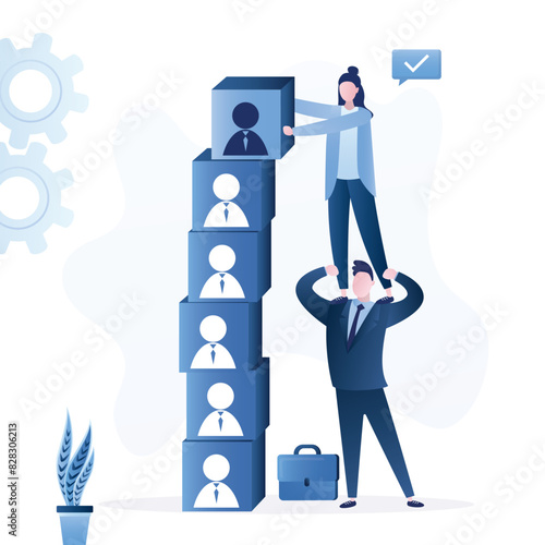 Business team putting blocks into pyramid. Selecting personnel, HRM, Human Resources Management. Selecting staff, recruitment leadership, human development,