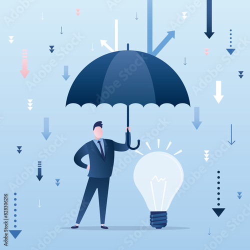 Idea light bulb under umbrella. Idea protection. Smart businessman brainstorming, pitching ideas. Successful business management and protection during crisis, recession.