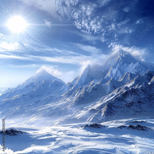 "Majestic Mountainous Landscape: A Sunlit Winter Wonderland"