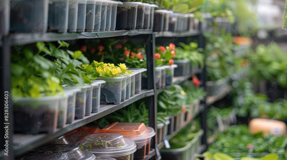 Detailed view of plastic containers in plant shop