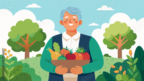 A senior proudly shows off their newlygrown produce from the horticulture garden taking pride in the fact that they have nourished their body and soul through their participation. Vector illustration