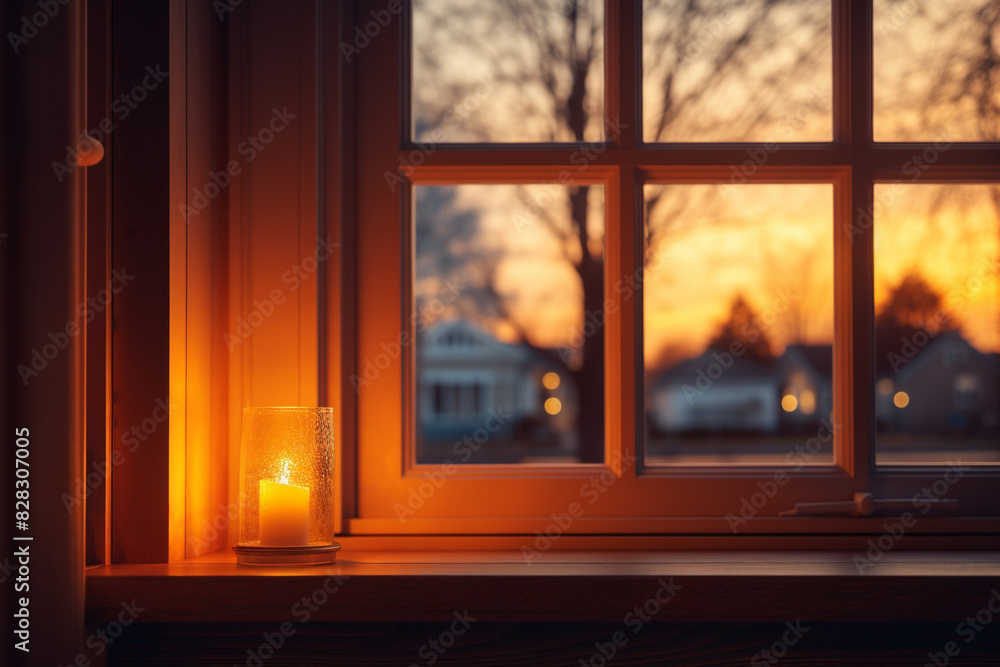 Fototapeta premium 3d rendering of Cozy evening view through a window with a candle on the sill, featuring a warm sunset ambiance and an inviting neighborhood scene.