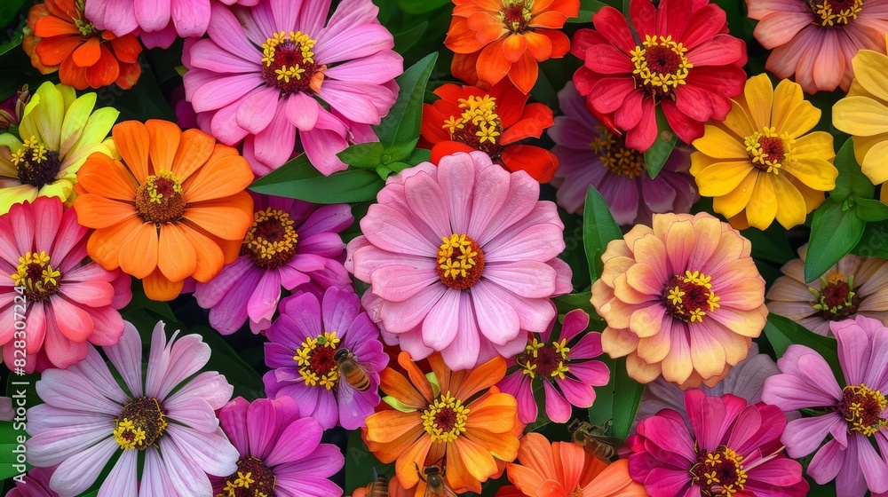 A colorful array of zinnias their bright blooms proving irresistible to bees. A colorful array of zinnias their bright blooms proving irresistible to bees.
