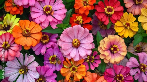A colorful array of zinnias their bright blooms proving irresistible to bees.