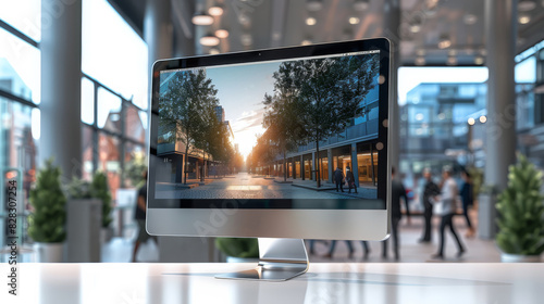 A large All-in-one PC is placed on the desk in front of it, The background features people wearing work walking around inside an office building. Generative AI. photo