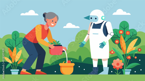 In a garden a care robot waters plants pulls weeds and helps an elderly woman with mobility issues to tend to her vegetables all while providing companionship.. Vector illustration