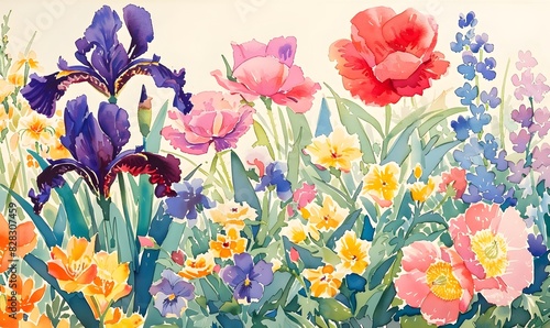 vibrant watercolor painting of various colorful flowers, Generative AI