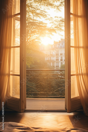 3d rendering of Elegant open balcony door with sheer curtains letting in warm sunlight, offering a view of trees and buildings in the background.