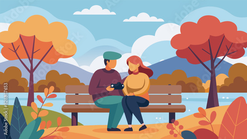 A wiselooking couple sits on a park bench their cameras resting on their laps as they enjoy the peacefulness of a tranquil pond surrounded by colorful autumn foliage.. Vector illustration