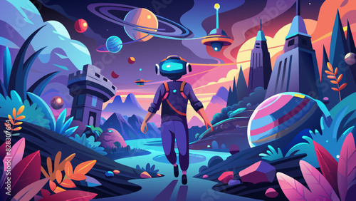 A dynamic illustration of a person wearing a VR headset, exploring a fantastical world.
