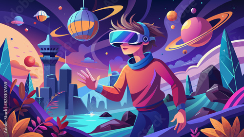 A dynamic illustration of a person wearing a VR headset, exploring a fantastical world.
