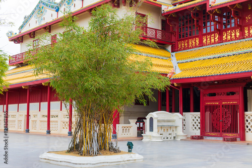 View on Wehart Chamrunt and bamboo plant at Bang Pa-In Palace in Ayutthaya, Thailand photo