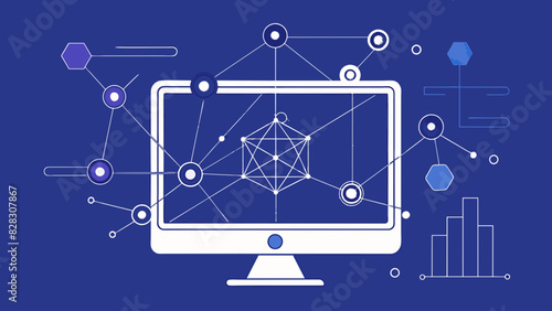 A minimalist line art design of a computer monitor displaying a complex blockchain network.