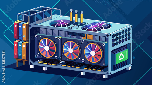A detailed vector graphic of a cryptocurrency mining rig with powerful graphics cards.