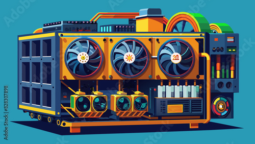 A detailed vector graphic of a cryptocurrency mining rig with powerful graphics cards.