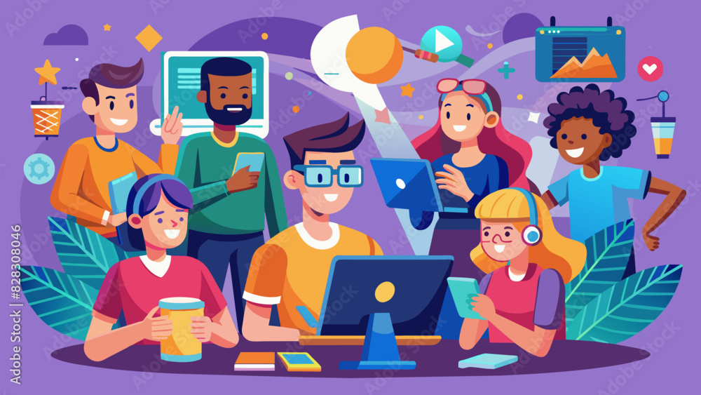 A playful illustration of a group of professionals working together in virtual office 
