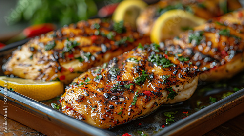 Halves of appetizing grilled juicy chicken with