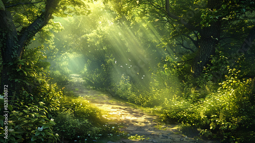 green forest with sun rays