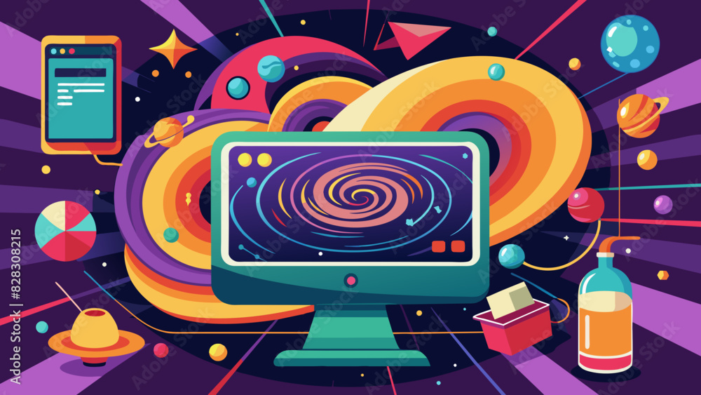 A retro-inspired design of a computer monitor with a swirling vortex representing the metaverse.
A retro-inspired design of a computer monitor with a swirling vortex representing the metaverse.