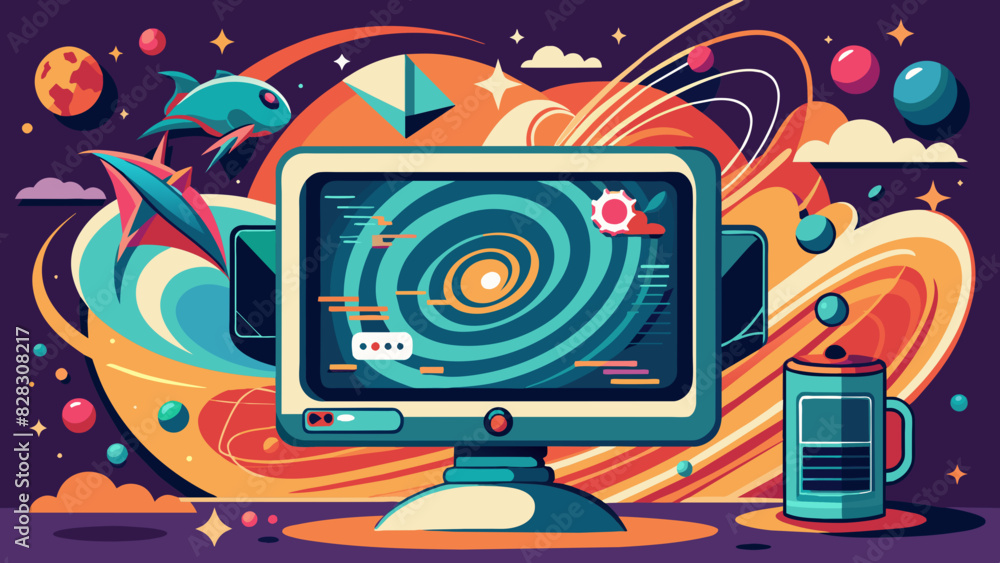 Obraz premium A retro-inspired design of a computer monitor with a swirling vortex representing the metaverse. 