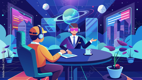 A whimsical vector of a person attending a virtual job interview in a professional metaverse space.