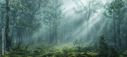 "Forested Landscape in Misty Mountains"