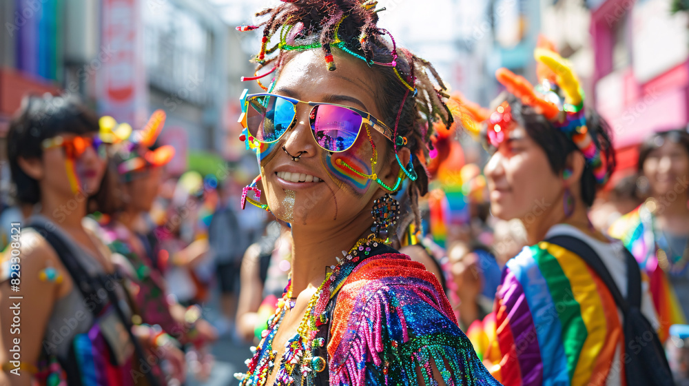 A woman in a rainbow outfit is smiling and posing for a photo A woman in a rainbow outfit is smiling and posing for a photo