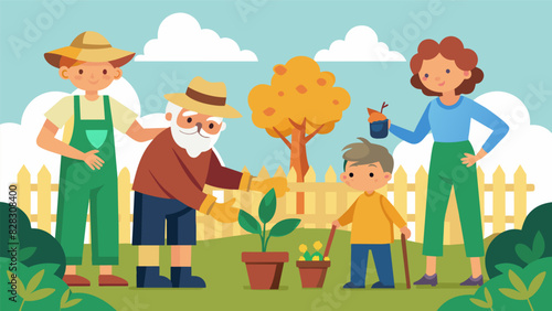 A family of four including grandparents working together to build a homemade scarecrow to protect their garden from deer.. Vector illustration
