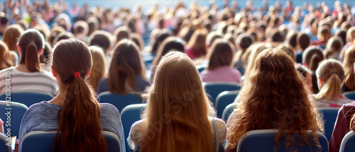 Audience seated in a hall, photographic image, blurred background, concept of event attendance. Generative AI photo