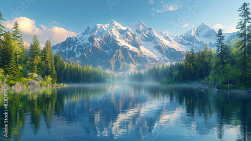 Photorealistic Serene Mountain Sunrise with Snow-Capped Peaks and Reflective Lake