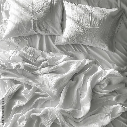 Top-down view of an AI-Created messy disorderly bed with wrinkled white sheets and two pillows