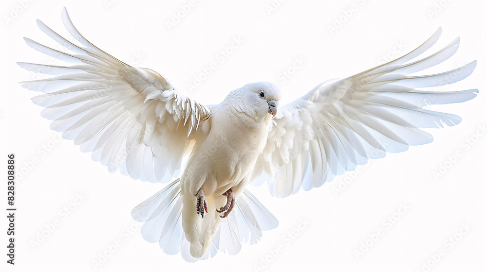 Obraz premium White dove in flight. Beautiful white dove with outstretched wings soaring against a pure white background, symbolizing peace, freedom, and spirituality.
