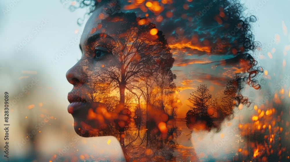 Intelligent expression, close up, focus on, copy space, vivid focus, double exposure silhouette with brain Intelligent expression, close up, focus on, copy space, vivid focus, double exposure silhouette with brain