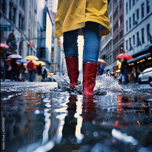 "Rainy Day: Person in Yellow Raincoat Walking Through Flooded Street with Puddle of Water" © Riya