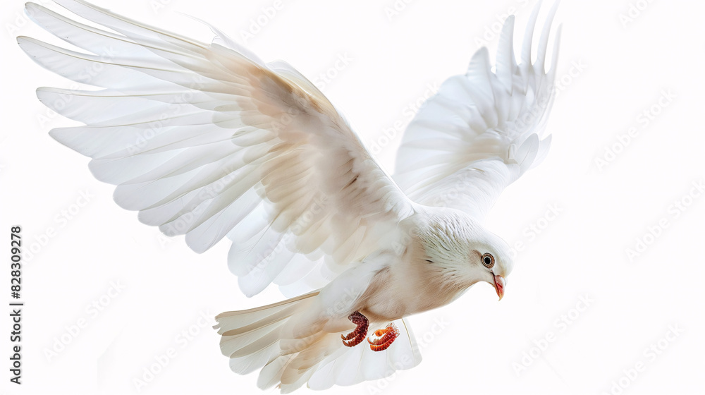 Obraz premium White dove in flight. A beautiful white dove with its wings spread in graceful flight, isolated on a clean white background.