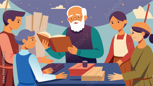 An elderly man demonstrating the ancient art of bookbinding to curious onlookers at the Senior Arts and Crafts Fair.. Vector illustration