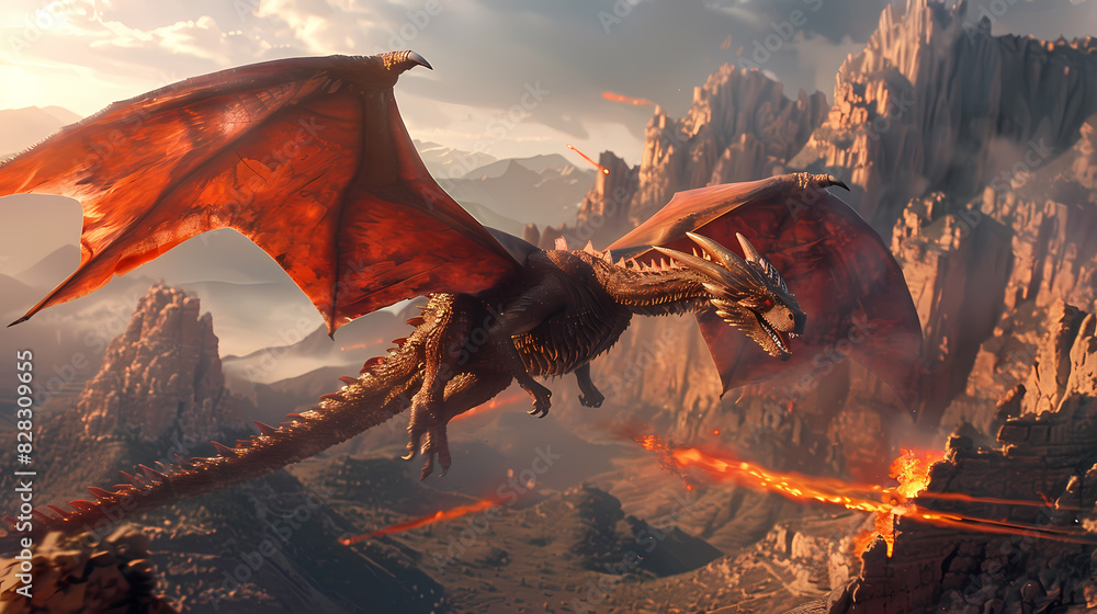 Fiery Dragon Soaring Over Mountains Fiery Dragon Soaring Over Mountains