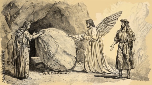 Biblical Illustration of Angel Rolling Stone from Jesus Tomb, Guards Shocked, Easter Morning, Beige Background, Copyspace