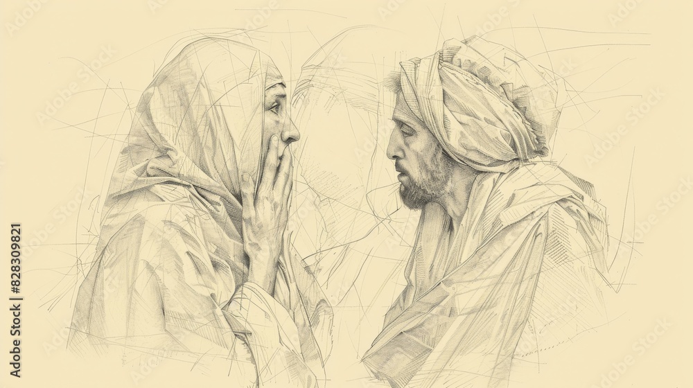 Obraz premium Biblical Illustration of Annunciation of John the Baptist’s Birth, Zechariah Struck Mute, Beige Background, Copyspace