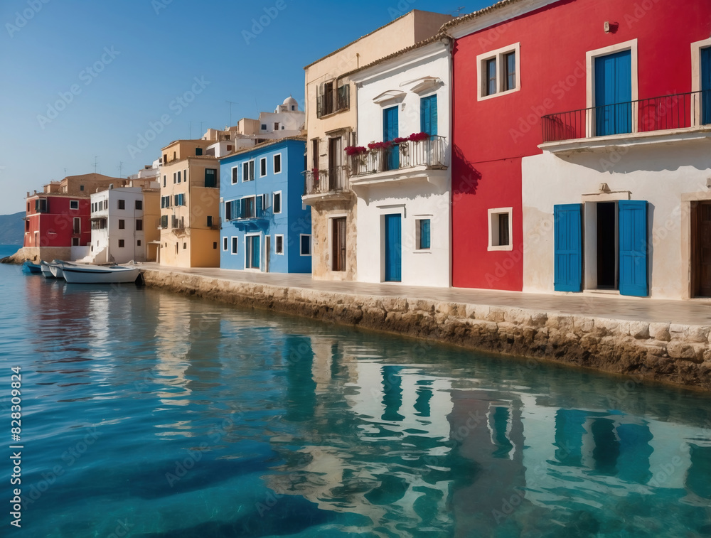 Charming waterfront Mediterranean village with colorful buildings reflecting in clear blue water on a sunny day