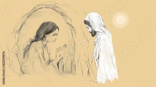 Mary Magdalene at Empty Tomb, Risen Jesus Appears, Biblical Illustration, Beige Background, Copyspace