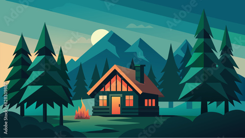 A secluded cabin nestled a towering pine trees with a crackling fire and the soothing sounds of nature all around.. Vector illustration